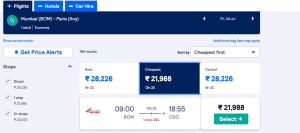 Skyscanner results for a one way flight to Paris