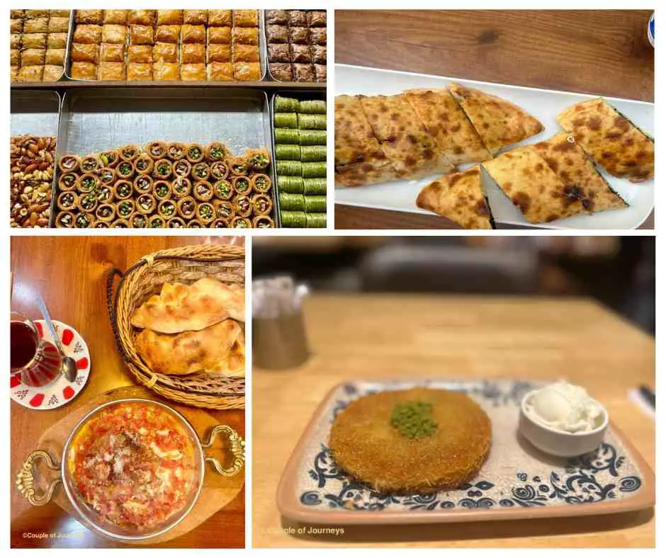 A picture of Baklava, Pide, Menemen and Kunefe to show vegetarian food in Istanbul