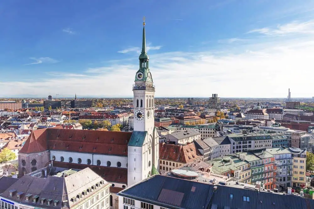 St. Peter's Church is located in Munich, southern Germany. Its 91-metre tower is commonly known as "Alter Peter"—Old Peter—and is emblematic of Munich.