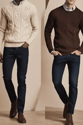 Two men wearing tailored dark blue pants, brown leather boots, and cable-knit sweaters in cream and chocolate brown, perfect for cozy and refined Munich travel outfits in cooler weather.