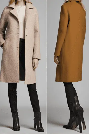 Elegant women’s outerwear featuring a beige textured coat and a mustard-yellow coat paired with black skinny pants and heeled ankle boots, showcasing sophisticated layers for Munich travel outfits.