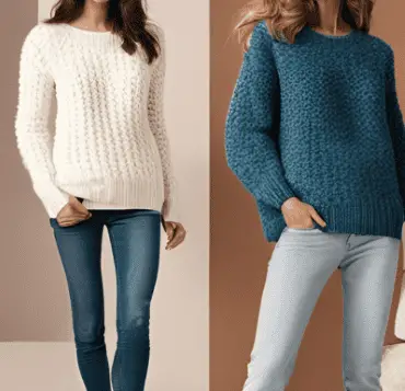  Casual women’s sweaters in white and blue chunky knit, styled with slim-fit jeans for a cozy and relaxed Munich travel outfit, ideal for exploring or lounging.