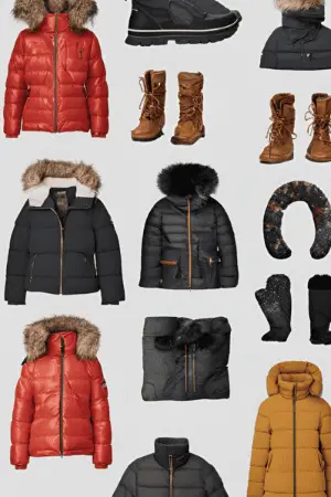  A variety of puffer jackets in red, black, mustard, and green, accessorized with winter boots, gloves, and hats, perfect for cold Munich travel outfits during winter.

