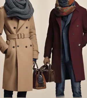 Sophisticated winter looks featuring a camel double-breasted coat and a deep burgundy overcoat, styled with scarves, leather bags, and jeans, ideal for versatile Munich travel outfits in winter.