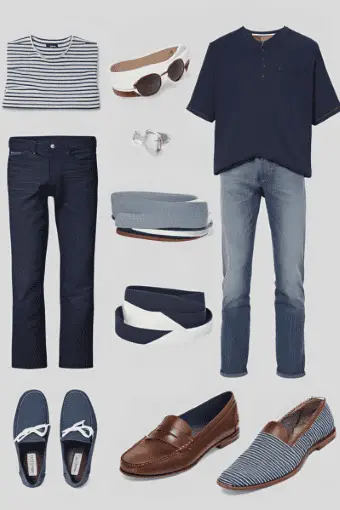 A collection of men's casual clothing and accessories in navy and white tones. Includes striped and plain shirts, dark jeans, light-wash denim, belts, loafers, and boat shoes, creating a nautical-inspired wardrobe. A perfect Croatia Travel Outfits for a relaxed and laidback day.