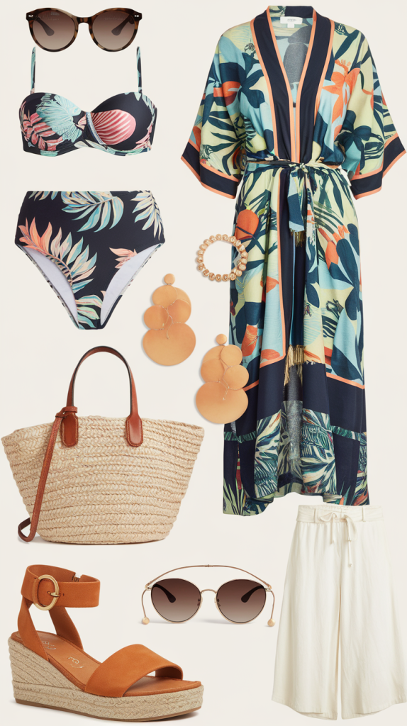 A vibrant set of women's beachwear featuring a tropical-patterned bikini, a matching kimono, a straw tote bag, orange wedge sandals, sunglasses, and gold accessories, perfect for a stylish summer look for a trip to Croatia