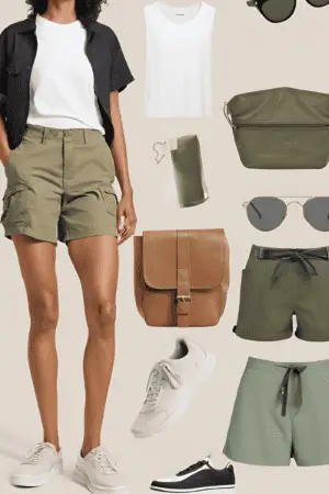 A mix-and-match of casual women's outdoor clothing including olive green cargo shorts, a white tank top, black-and-green sneakers, a crossbody bag, and a tan leather backpack, ideal for hiking or city exploration. This travel outfit is perfect for a Croatian Adventure