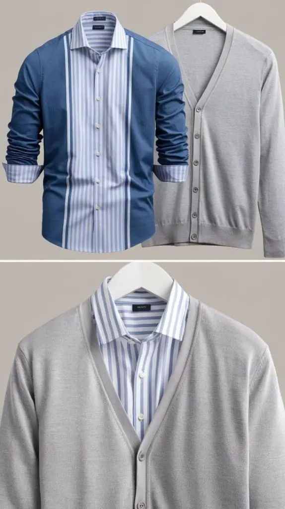  A light blue and white striped shirt styled with gray and navy cardigans, creating a polished layering look for Munich travel outfits during cooler days.

