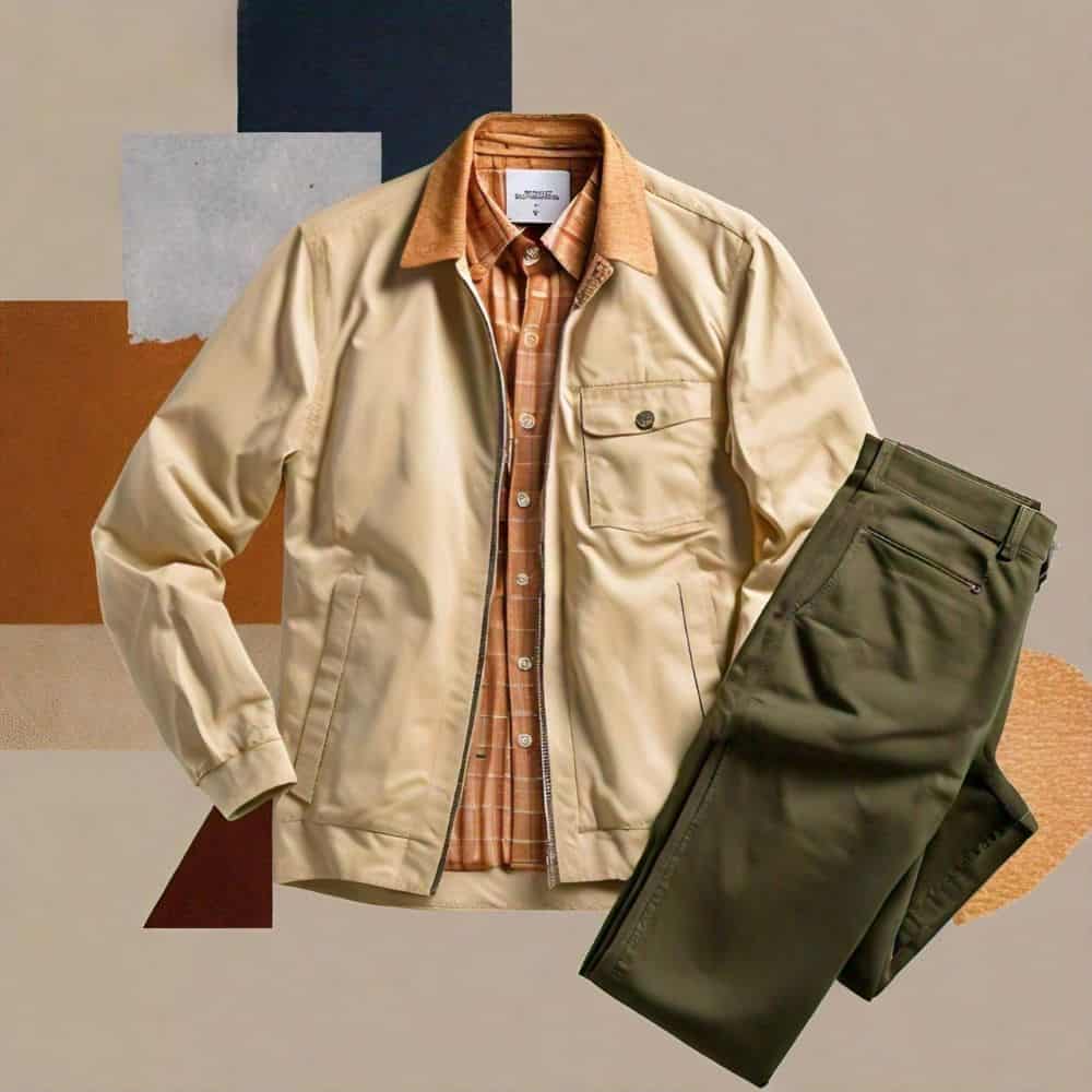 An earthy outfit featuring olive green chinos paired with a beige jacket and a burnt orange plaid shirt, creating a warm and practical Munich travel outfit.