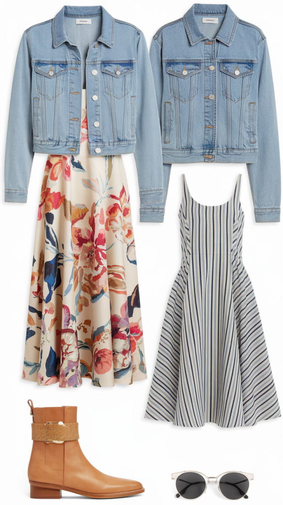 Two casual looks featuring a floral midi dress and a striped dress paired with denim jackets and tan ankle boots, showcasing stylish Munich travel outfits for spring or summer.