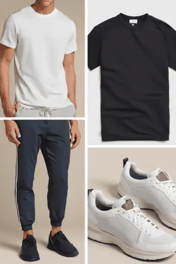 A collection of men's athleisure wear, including white and black T-shirts, navy joggers, and white and navy sneakers, offering a sleek and sporty style and an ideal travel outfit for a trip to Croatia.