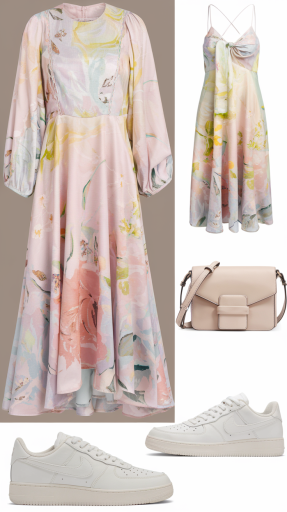 Two elegant floral pastel dresses, one long-sleeve and one sleeveless, paired with a beige crossbody bag and white sneakers, creating a chic yet comfortable outfit for spring occasions. This outfit is a must carry for a trip to Croatia