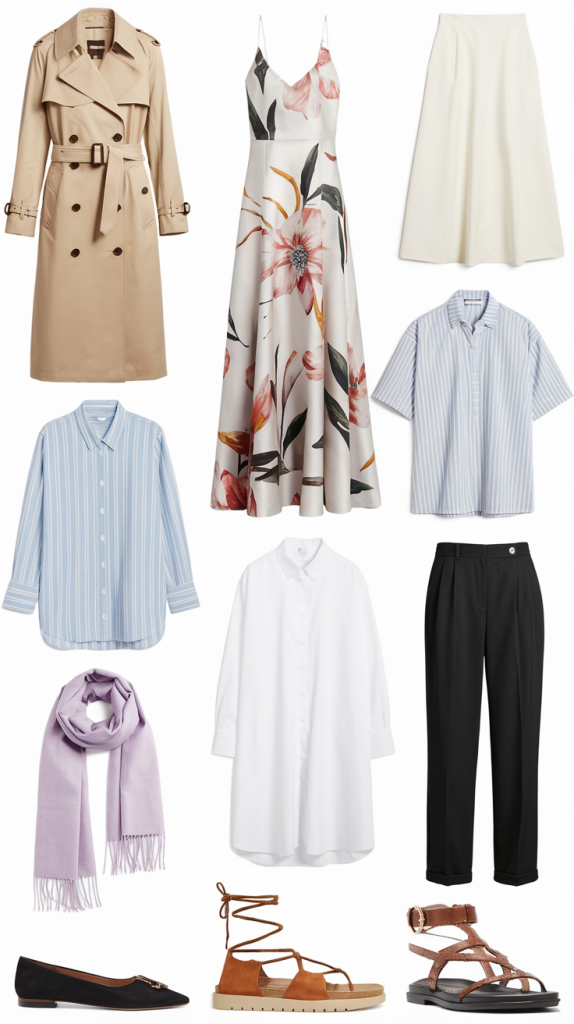 A collection of Germany travel outfits for spring, including a beige trench coat, a floral maxi dress, a white midi skirt, blue striped shirts, a lavender scarf, a white button-down dress, black trousers, and versatile footwear like black flats and brown strappy sandals. These outfits blend elegance and comfort, perfect for sightseeing and enjoying Germany’s mild spring weather.