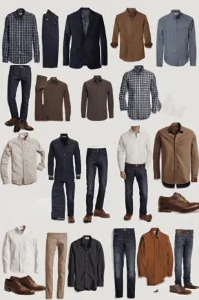 A versatile selection of men's smart-casual outfits including button-down shirts, blazers, chinos, and dark jeans in earthy tones, styled for parties or semi-formal events. A sophisticated travel outfit for your trip to
Croatia.
