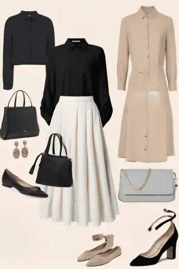 A collection of sophisticated women's outfits featuring a black blouse with a white pleated skirt, a beige button-up dress, black and beige handbags, and elegant flats and heels. Accessories include gold drop earrings and a light blue purse with a chain detail, perfect Croatian Travel Outfits for professional or semi-formal occasions.