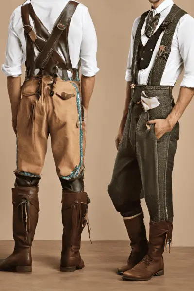 Two men’s traditional Munich travel outfits featuring lederhosen in brown leather and green fabric, paired with white shirts, waistcoats, and tall boots, perfect for cultural events and festivals.