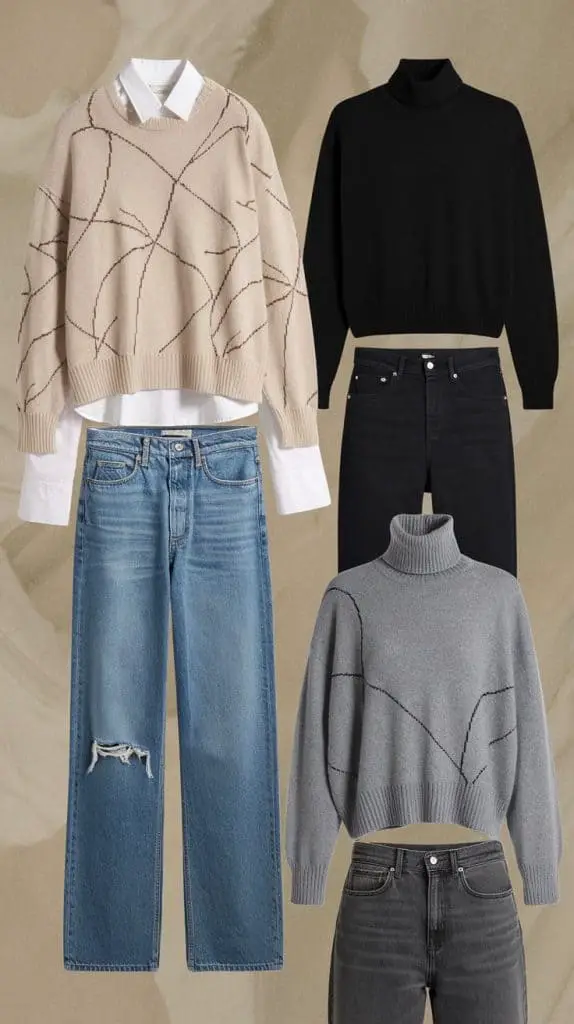  A collage featuring beige, gray, and black cashmere sweaters paired with blue and black denim, showcasing cozy Munich travel outfits for casual outings.