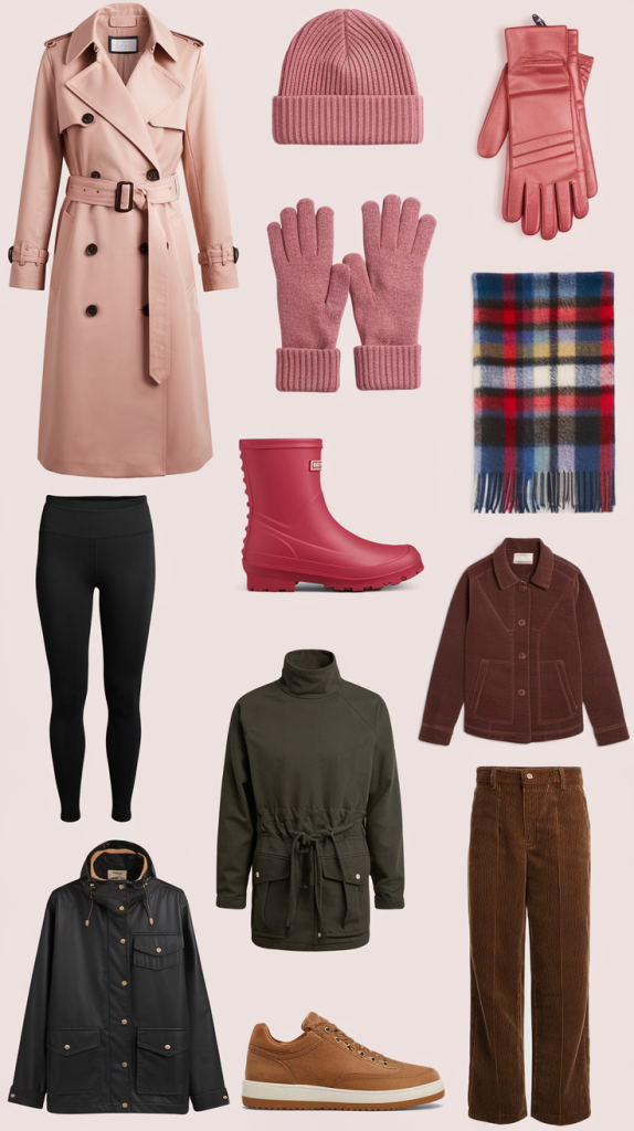 A curated selection of Germany travel outfits for winter, featuring a pink trench coat, matching pink knit hat, gloves, and scarf, red rain boots, black leggings, an olive-green parka, brown corduroy pants, a brown jacket, and tan sneakers. These layered and cozy pieces are ideal for staying warm and stylish while exploring Germany in the colder months.