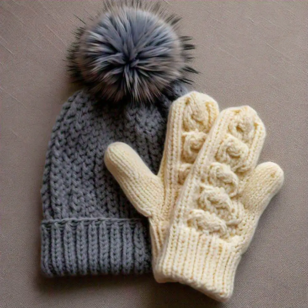  A pair of cream cable-knit gloves and a gray pom-pom beanie, perfect cold-weather accessories to complete your Munich travel outfits in wint