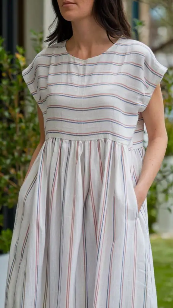 A breezy white cotton dress with subtle multicolor stripes, featuring a flowy silhouette and pockets, perfect for a relaxed Munich travel outfit during warm days.