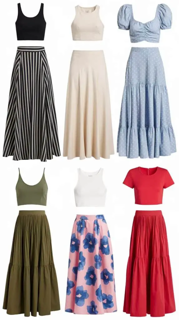  A collection of stylish ensembles featuring maxi skirts in stripes, solids, and florals paired with crop tops and fitted blouses, offering vibrant and versatile Munich travel outfits for summer sightseeing or casual outings