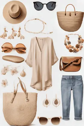 A neutral-toned ensemble featuring a beige flowy tunic, light-wash jeans, a straw hat, sunglasses, tote bags, and a crossbody bag. Accessories include floral earrings, statement necklaces, and gold bracelets, styled for a casual summer or beach outing. These clothing items and accessories make it the best Croatian Travel Outfit