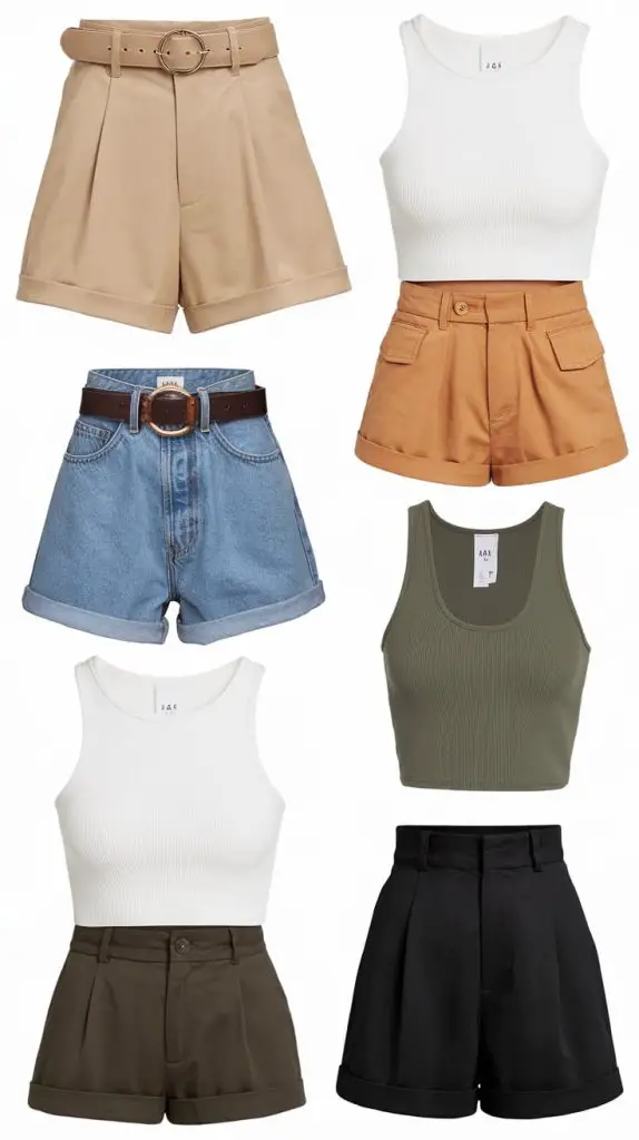 A collection of high-waisted shorts in beige, denim, and black paired with tank tops and crop tops in white and olive, showcasing comfortable Munich travel outfits for summer days.