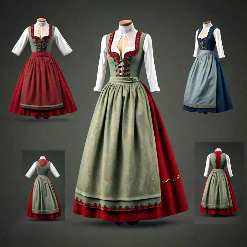 A collection of traditional dirndl dresses in red and green with intricate patterns and white blouses, embodying cultural Munich travel outfits perfect for festivals like Oktoberfest.