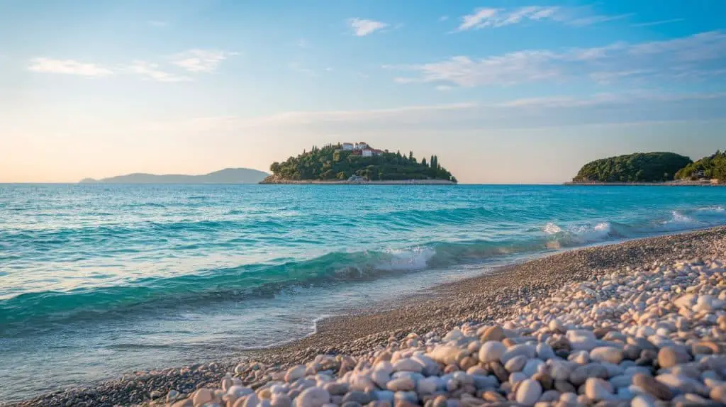  A picturesque view of a pebble-strewn beach in Croatia, with gentle waves lapping against the shore and an island covered in lush greenery in the background under a soft blue sky. A perfect image to pair with a unique Croatia caption for Instagram