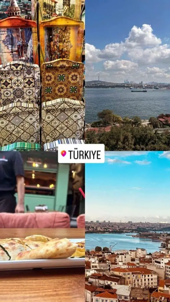 A collage for an Istanbul Instagram story showing four scenes: intricately patterned Turkish trays with artwork in the background, a serene view of the Bosphorus with the city skyline, a close-up of traditional Turkish flatbread on a table, and a rooftop perspective of Istanbul’s red-tiled houses near the water.