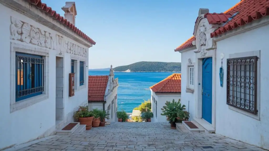 A charming cobblestone street in Croatia flanked by whitewashed houses with red-tiled roofs, leading to a stunning view of the blue sea and a forested island in the distance. All you need to do is, add a unique Croatia caption for Instagram