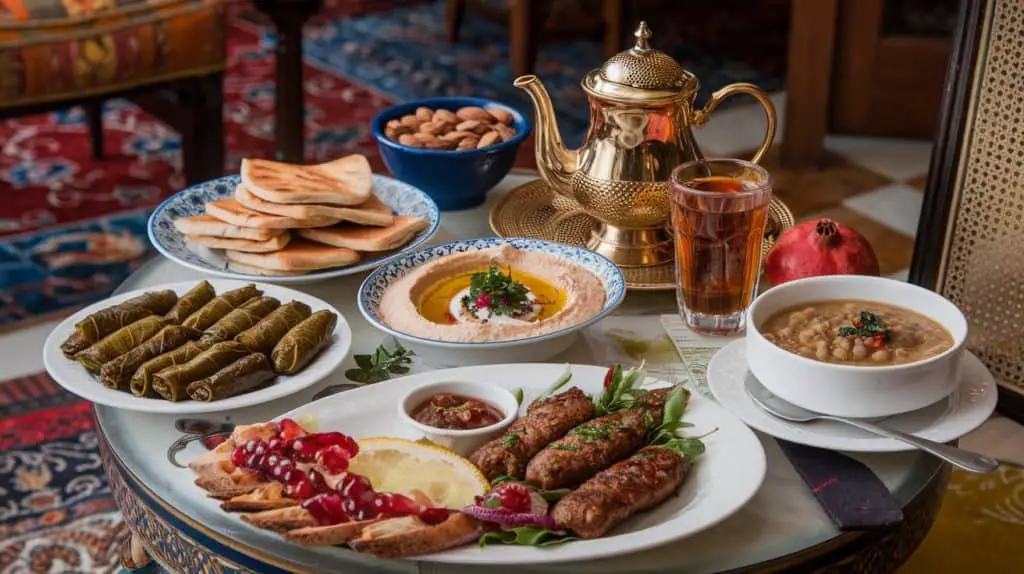  A lavish spread of Turkish cuisine, featuring dishes like stuffed grape leaves, hummus garnished with parsley and pomegranate, grilled kebabs, fresh bread, and tea served in a traditional glass.