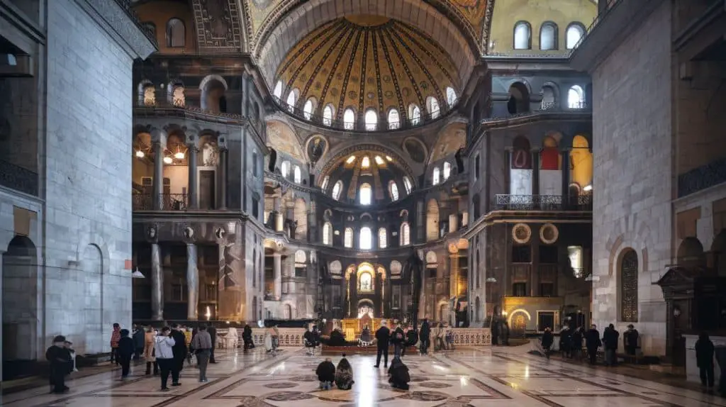 The grand interior of the Hagia Sophia, showcasing its intricate dome, ornate arches, and visitors exploring the historical site.