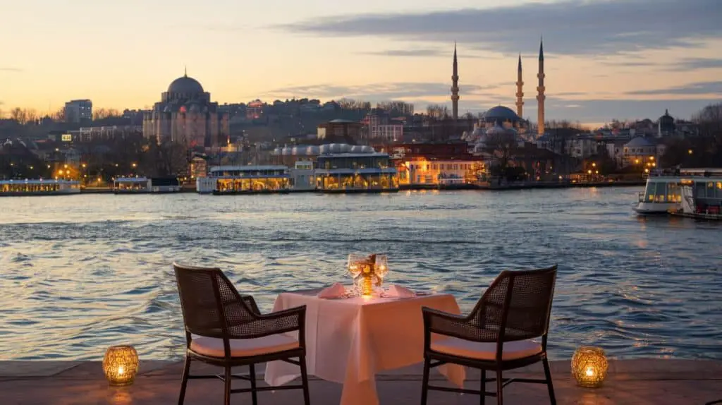 A beautifully set romantic dinner table with a waterfront view of Istanbul at sunset, adorned with roses, candles, and elegant tableware.