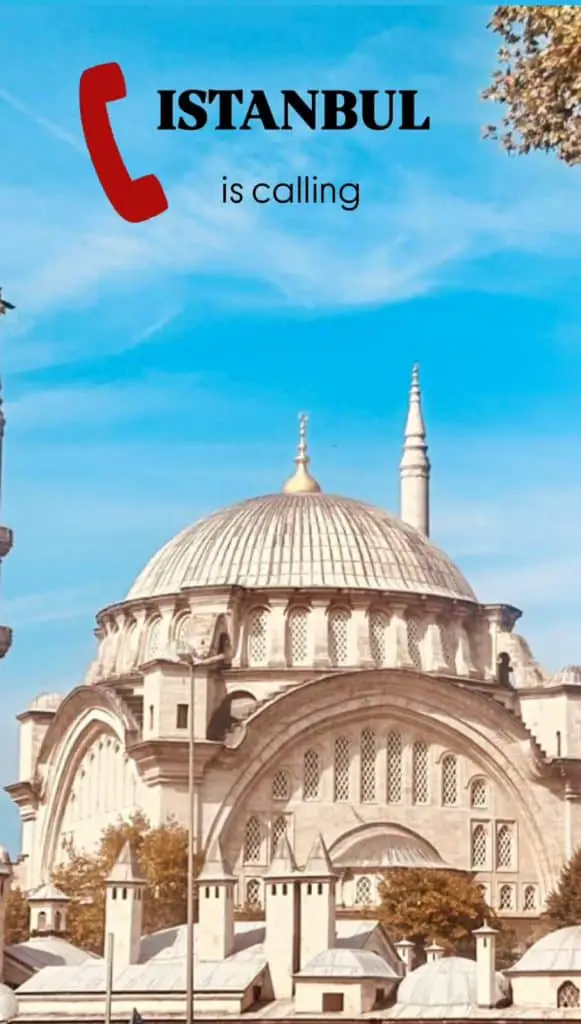 A close-up view of a historic mosque in Istanbul with a grand dome, intricate windows, and two minarets reaching into the bright blue sky, overlaid with the text “Istanbul is calling,” making it a captivating Istanbul Instagram story.