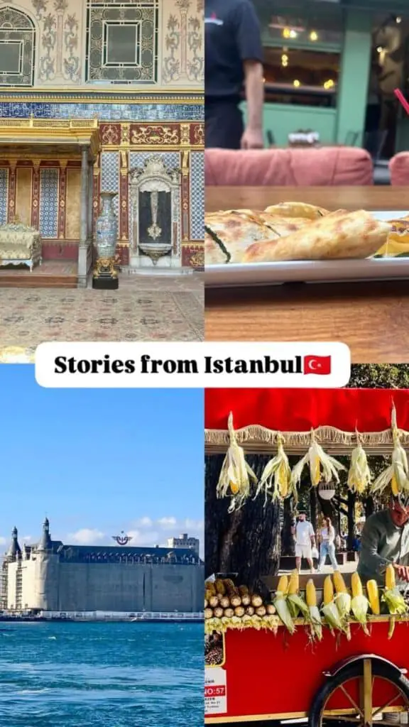 A collage of Istanbul highlights including a beautifully ornate Ottoman palace wall, a plate of Turkish flatbread, the Bosphorus waterfront with a landmark building, and a vibrant street food cart selling corn, ideal for an Istanbul Instagram story.

