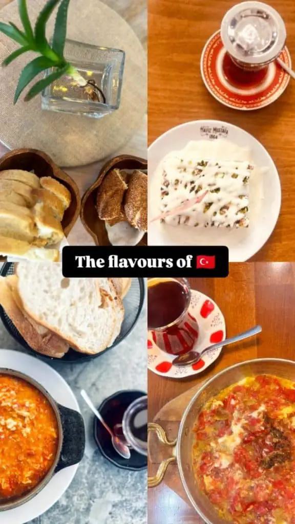  A collage showcasing Turkish cuisine including fresh bread, a pistachio dessert with cream, a steaming cup of Turkish tea, and a dish of menemen with tomatoes and eggs. A delicious addition to an Istanbul Instagram story.