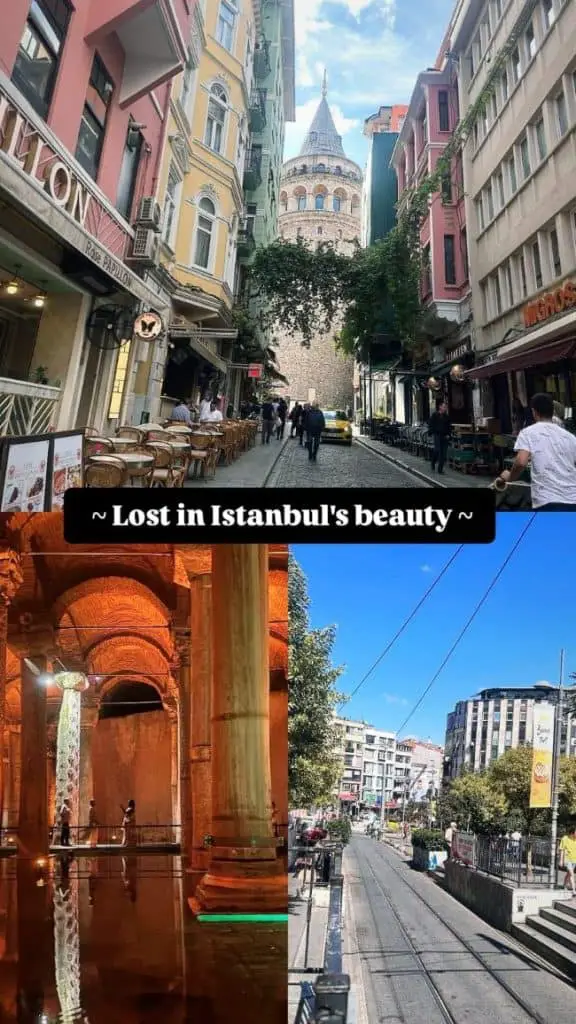 A lively street leading to the Galata Tower with colorful buildings, a glimpse of the Basilica Cistern’s atmospheric lighting, and a modern tram line. The mix of history and modernity fits well in an Istanbul Instagram story.