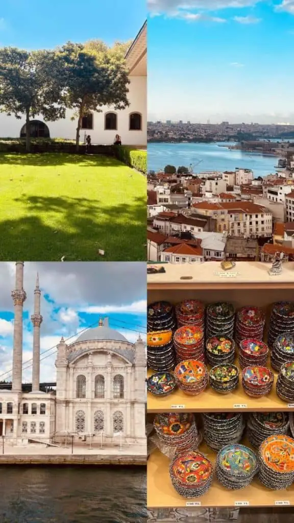 A collage featuring lush green gardens, panoramic views of Istanbul rooftops, the waterfront Ortaköy Mosque, and colorful ceramic bowls in a local market. A delightful exploration for an Istanbul Instagram story.