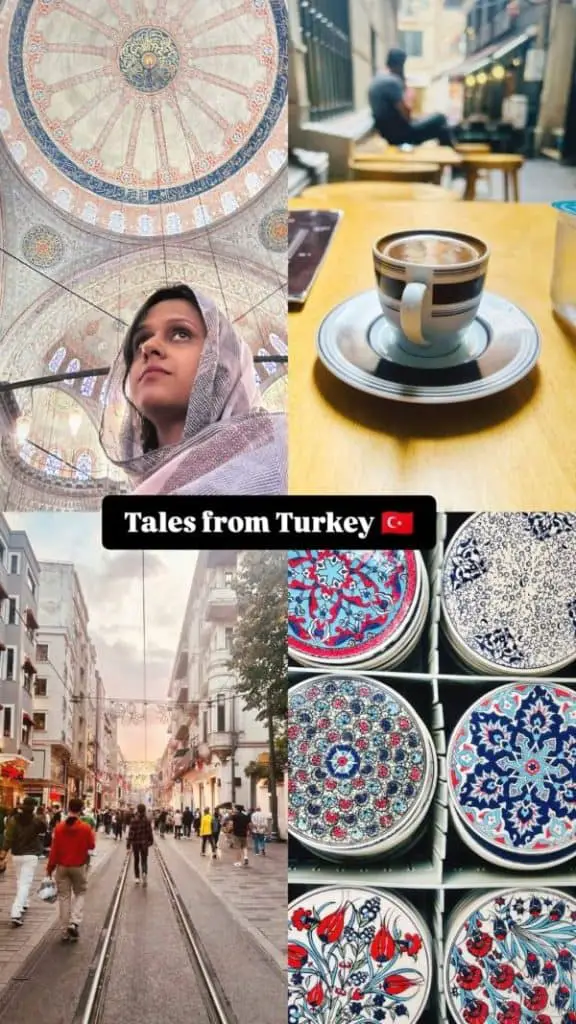 A collage titled "Tales from Turkey" featuring a close-up of a woman gazing upward inside the intricately designed dome of the Blue Mosque, a cup of Turkish coffee on a wooden table, a bustling Istanbul street at sunset, and vibrant hand-painted Turkish ceramics. Perfectly encapsulates the charm of an "Istanbul Instagram story."