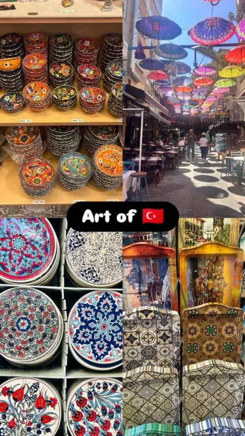 A collage showcasing the vibrant art and culture of Turkey. It features colorful hand-painted ceramics, a street with hanging umbrellas creating a playful atmosphere, intricate tile designs, and patterned textiles on chairs. The center text reads, "Art of" with a Turkish flag emoji, celebrating Turkish artistry and design.