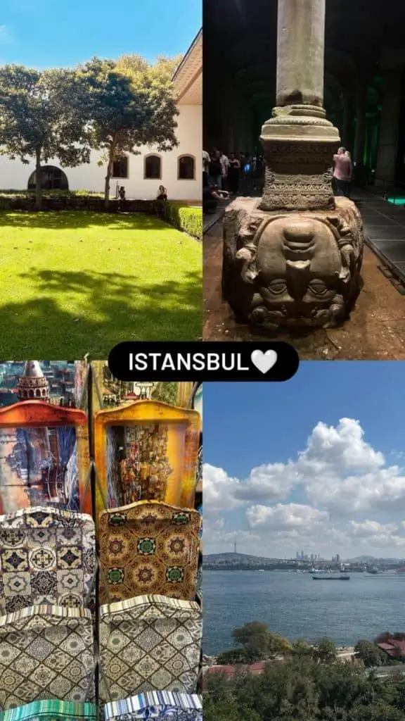 A collage featuring Istanbul's scenic highlights: a lush green courtyard, an ancient Medusa-head column in the Basilica Cistern, colorful traditional Turkish textiles, and a panoramic view of the Bosphorus.