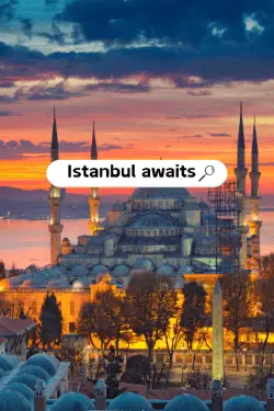 A stunning evening view of the Blue Mosque in Istanbul illuminated by soft lights under a colorful sunset sky, with the caption "Istanbul awaits."