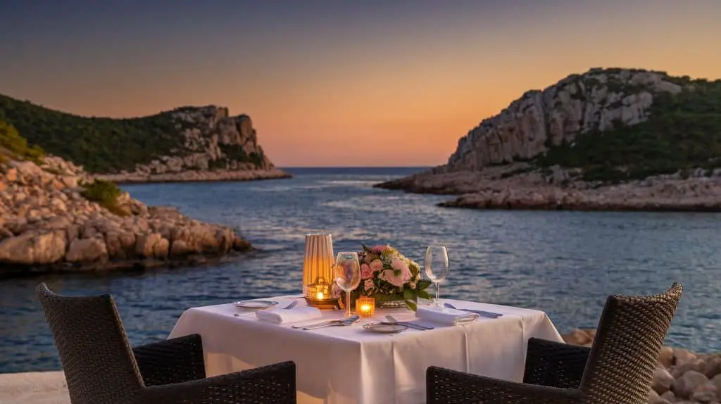 A romantic dinner setup in Croatia featuring a candlelit table adorned with flowers and elegant place settings, overlooking a peaceful cove surrounded by rocky cliffs and lush greenery during a stunning sunset.