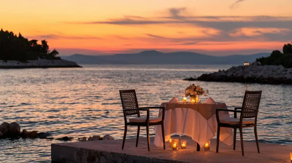  A romantic dinner setup in Croatia with a candlelit table overlooking a serene cove, framed by rocky cliffs and lush greenery as the sun sets in the background.