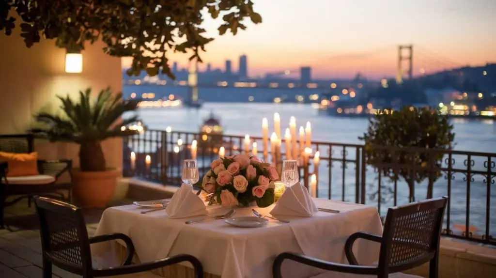  A cozy candlelit table for two on a balcony overlooking the Bosphorus, with a bouquet of roses, glassware, and city lights shimmering in the distance.