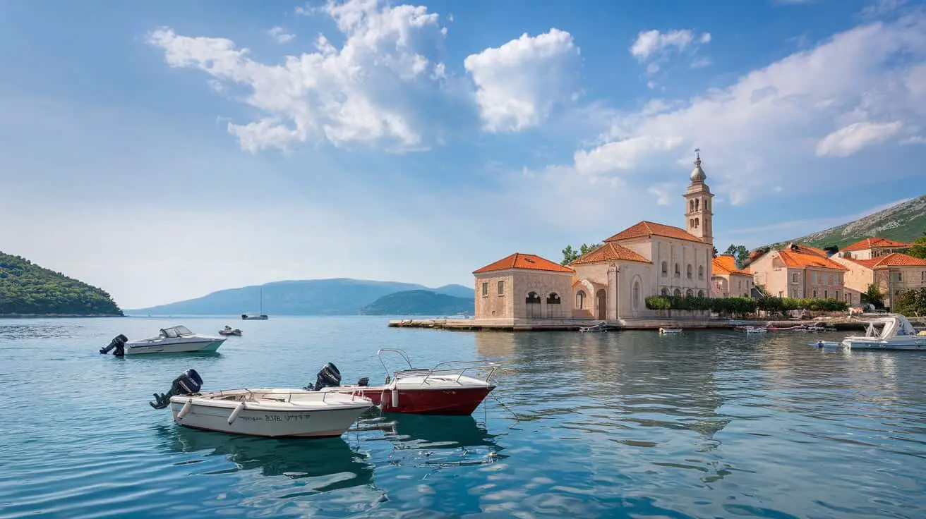 A tranquil Croatian harbor with boats gently floating in crystal-clear waters, next to a picturesque church with a bell tower and terracotta roofs, surrounded by forested hills.