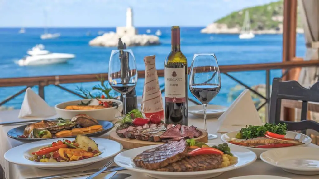  A table set for a fine dining experience in Croatia, with plates of fresh food, glasses of red wine, and a coastal backdrop featuring a lighthouse, yachts, and sparkling blue water.