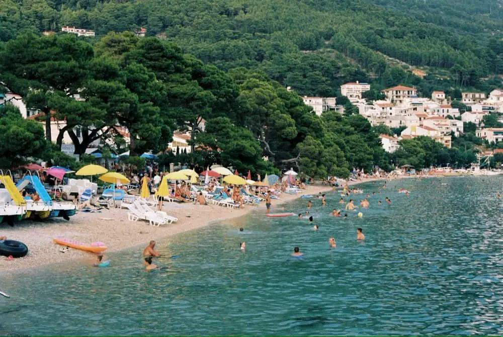 The iconic Punta Rata beach in Brela, known for its pebble shores, lush pine trees, and clear Adriatic waves, an idyllic destination for Croatia travel beaches