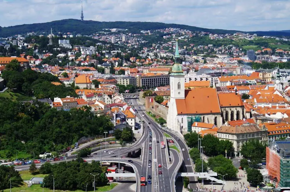  A panoramic view of Bratislava showcasing St. Martin’s Cathedral and the city's scenic skyline, a great budget-friendly option for Cheap Travel Destinations in Europe Summer.